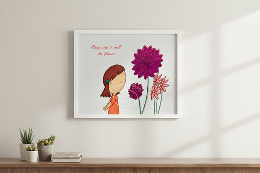 Illustration of a girl smelling flowers with a motivational quote on a light gray background