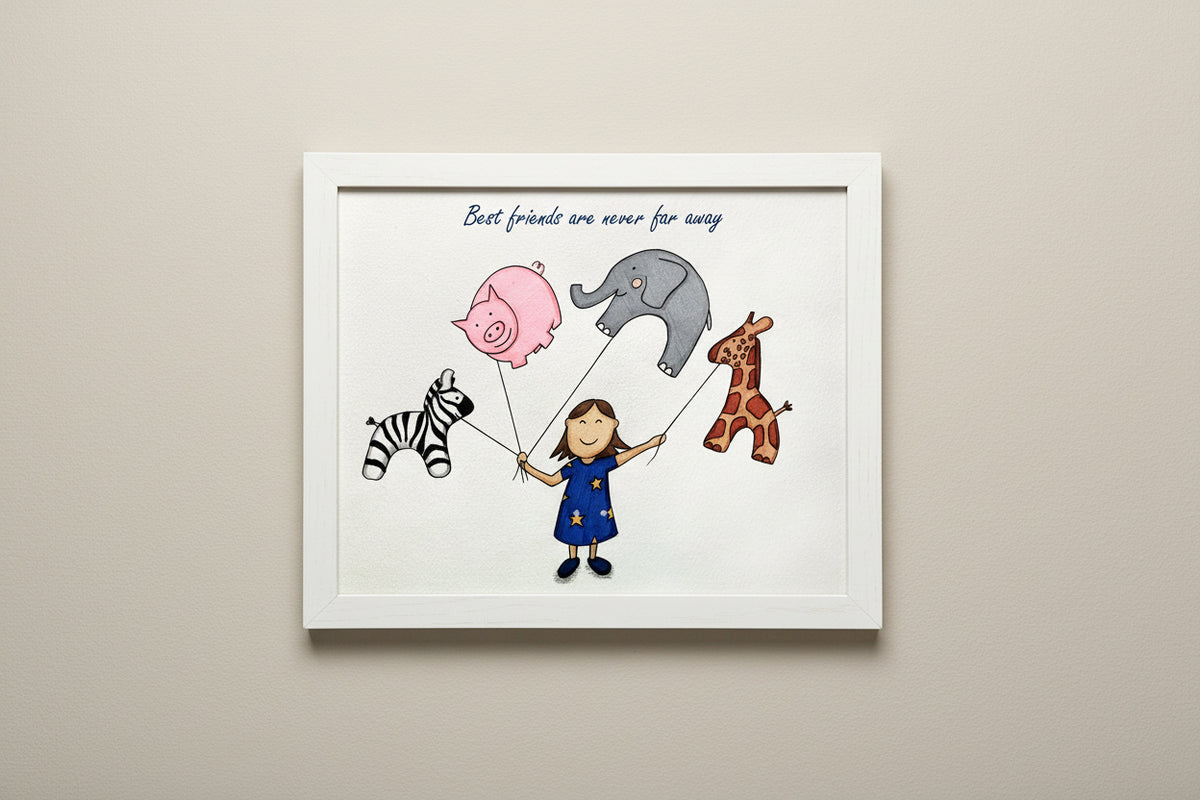 Illustration of a girl holding animal balloons with the text 'Best friends are never far away'.
