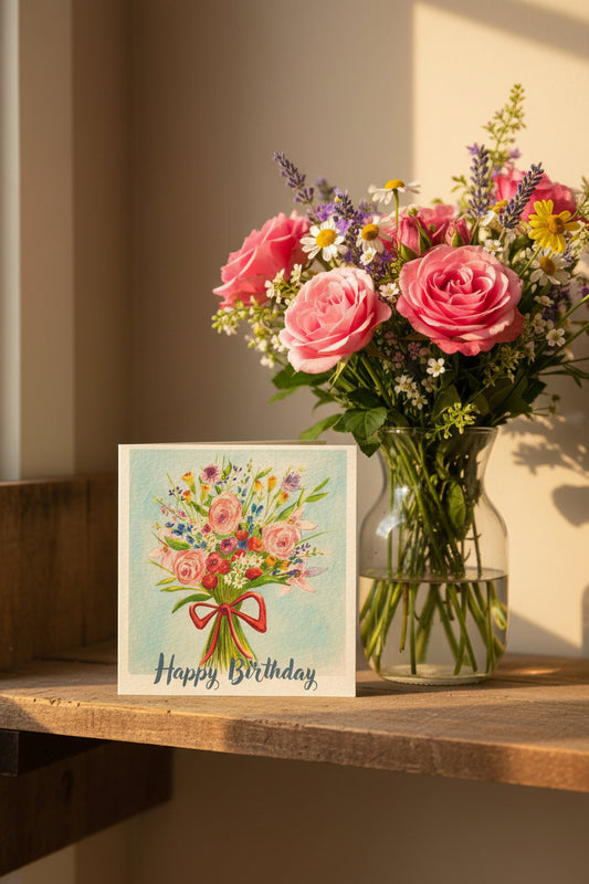 A square birthday card with a watercolor-style bouquet of pink, purple, blue, and yellow flowers tied with a red ribbon, with the words 'Happy Birthday' in dark blue script at the bottom. The card is standing upright on a light surface against a neutral indoor background.