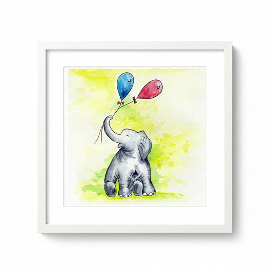 Illustration of a baby elephant holding balloons against a yellow background