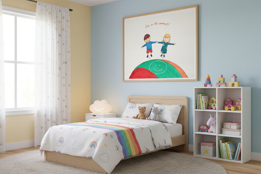 Illustration of two children holding hands with 'Live in the moment' text above them on a colorful background.