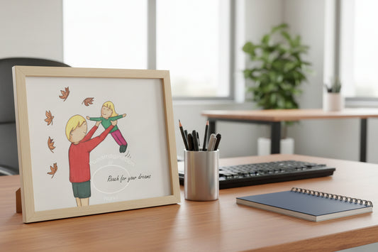 Illustration of a man lifting a girl with text 'Reach for your dreams' on a white background.