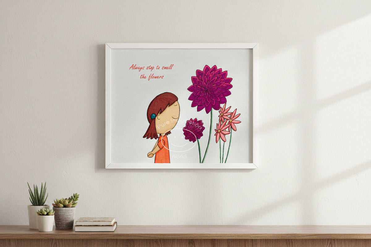 Illustration of a girl smelling flowers with a motivational quote on a light gray background