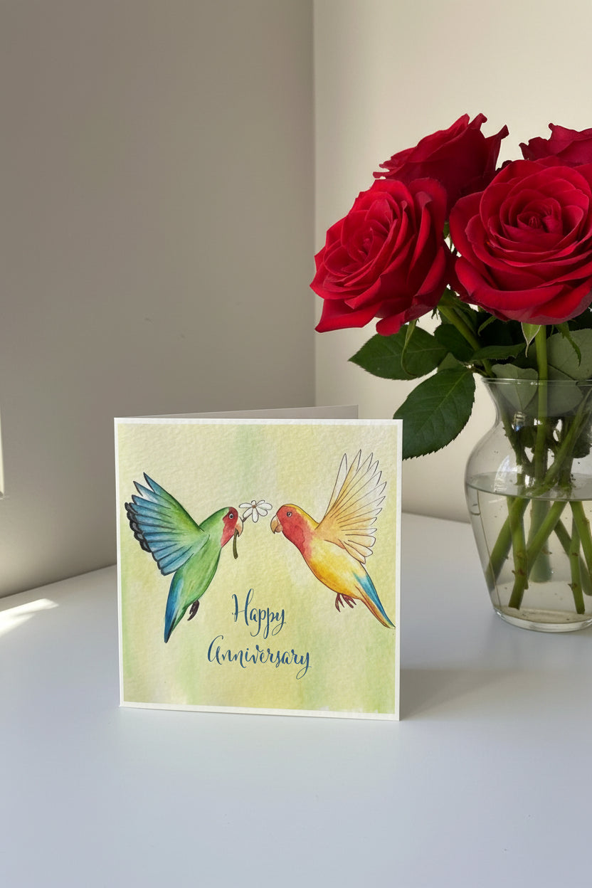 A square greeting card with a watercolour illustration of two lovebirds facing each other, one green and one yellow, with the words 'Happy Anniversary' written below. The card is standing upright on a light green surface against a neutral beige background.