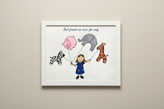 Illustration of a girl holding animal balloons with the text 'Best friends are never far away'.
