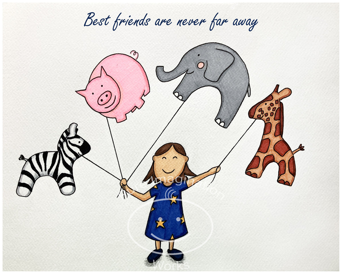 Illustration of a girl holding animal balloons with the text 'Best friends are never far away'.