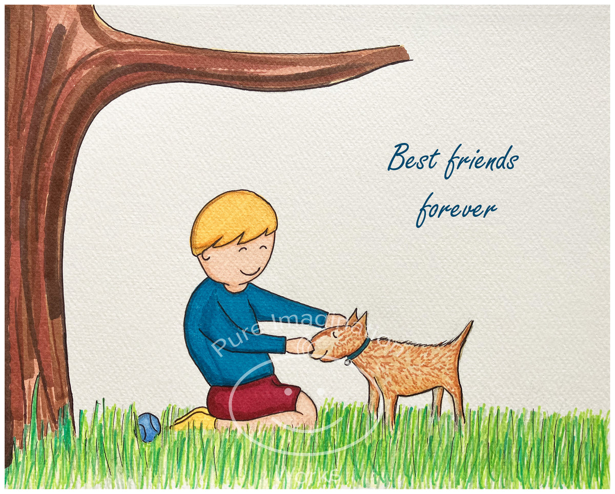 Illustration of a boy and his dog under a tree with 'Best friends forever' text.