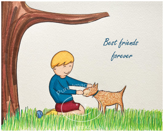 Illustration of a boy and his dog under a tree with 'Best friends forever' text.