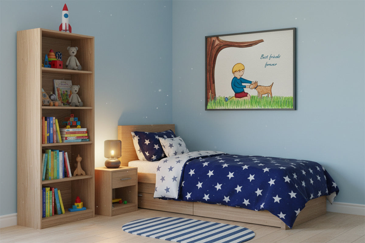 Illustration of a boy and his dog under a tree with 'Best friends forever' text.