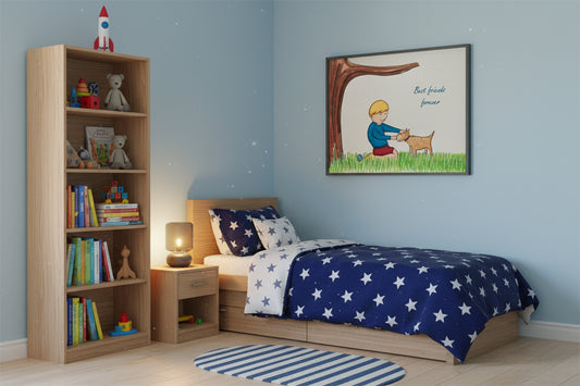 Illustration of a boy and his dog under a tree with 'Best friends forever' text.