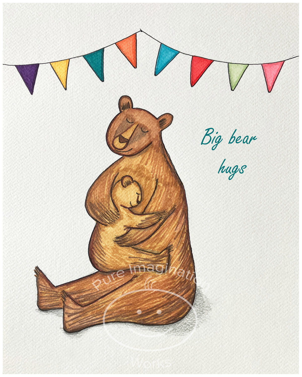 Illustration of a bear giving a hug with colorful flags above on a light background