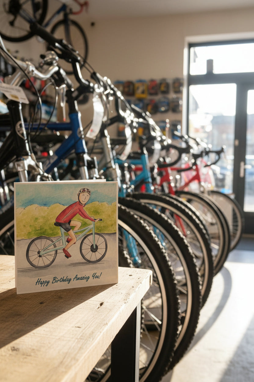 A square greeting card featuring a watercolor illustration of a person riding a bicycle on a path, with the text 'Happy Birthday Amazing You!' printed at the bottom. The card is standing upright on a light gray surface against a neutral beige background.