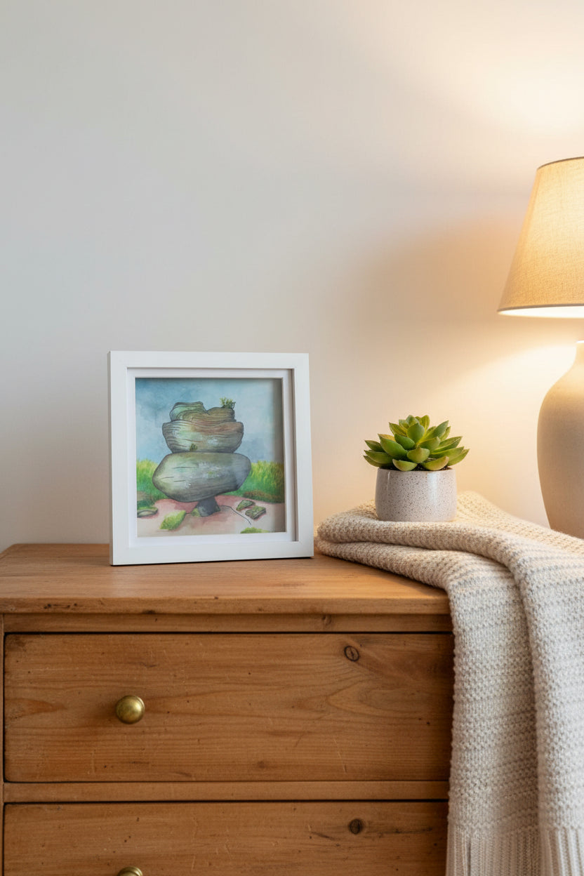 Framed artwork of stacked stones with greenery on a beige background