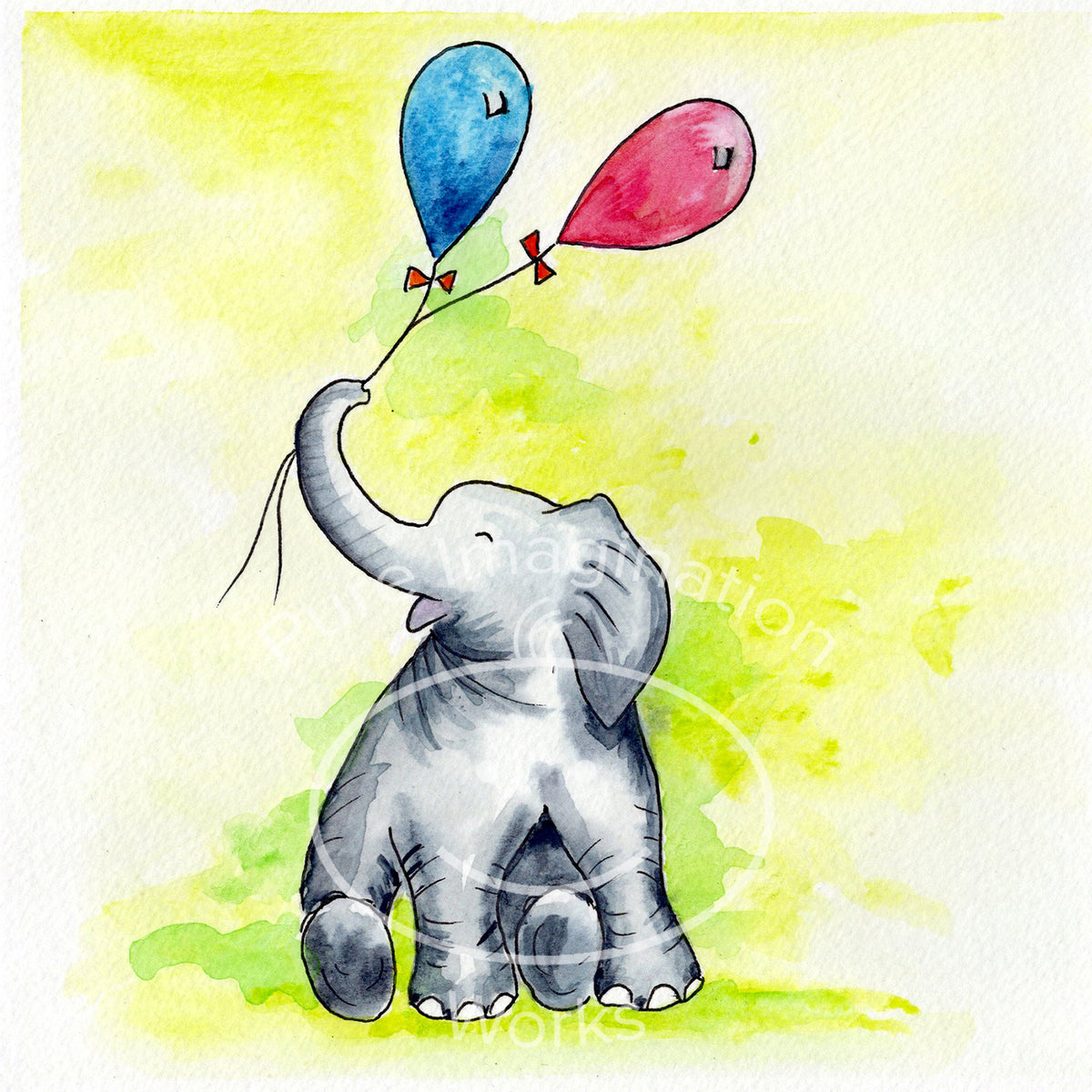 Illustration of a baby elephant holding balloons against a yellow background