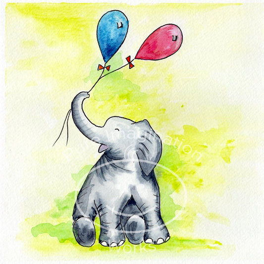 Illustration of a baby elephant holding balloons against a yellow background
