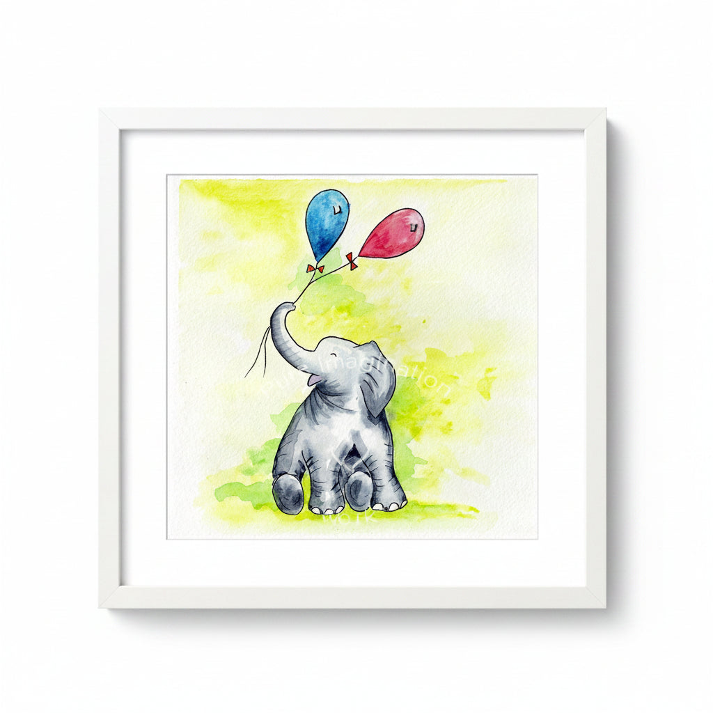 Illustration of a baby elephant holding balloons against a yellow background