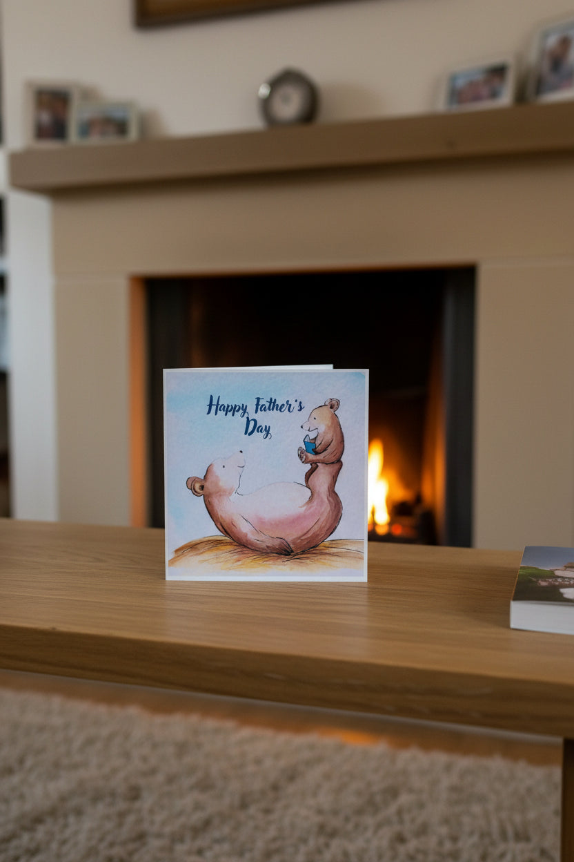 Father's Day card with adult adult bear with his child and 'Happy Father's Day' text on a beige background