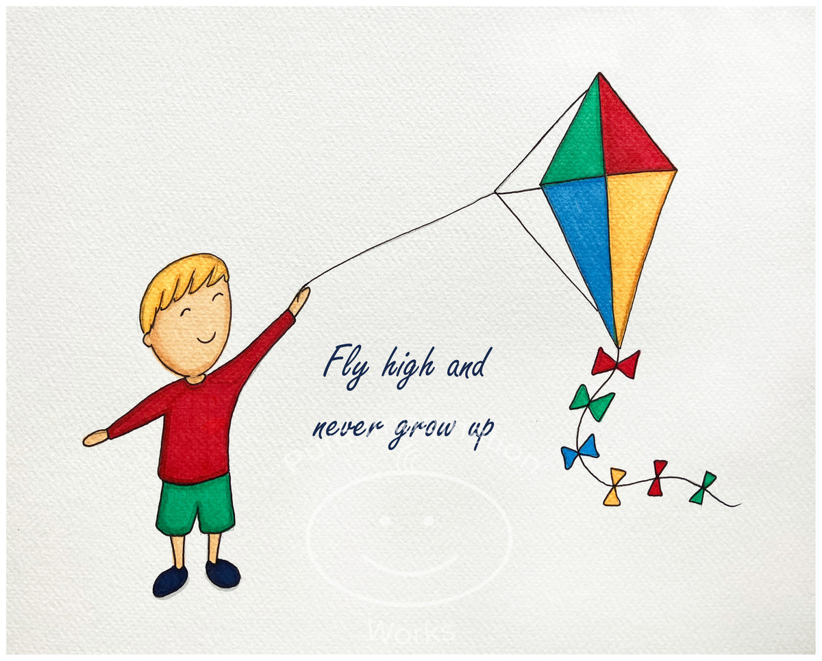 Illustration of a child flying a colorful kite with the text 'Fly high and never grow up' on a white background.