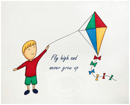 Illustration of a child flying a colorful kite with the text 'Fly high and never grow up' on a white background.
