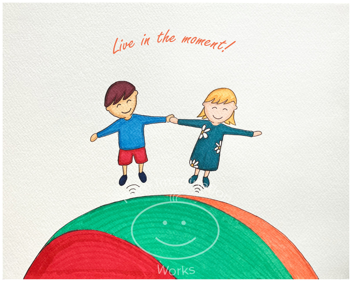 Illustration of two children holding hands with 'Live in the moment' text above them on a colorful background.