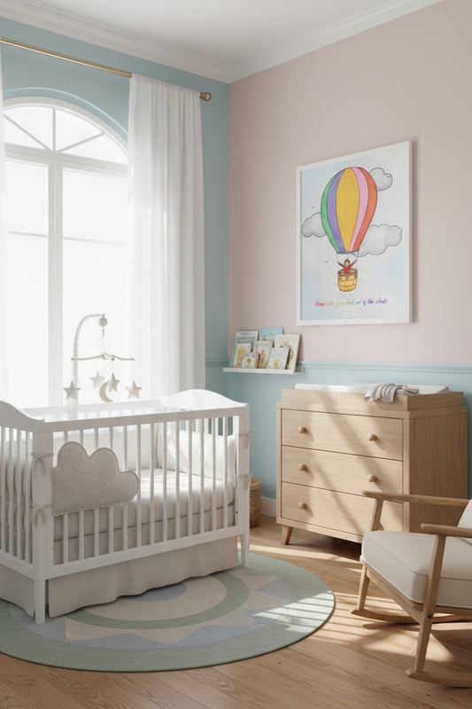 Colorful hot air balloon with a child in a basket, surrounded by clouds and a blue sky.