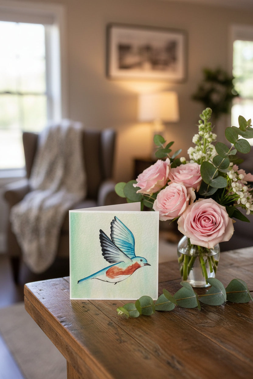 A square watercolor painting of a flying bird with blue wings, a light blue head, and a rust-orange chest, shown on a textured white card standing upright against a neutral beige background.